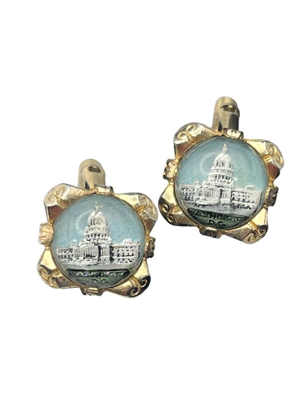 Washington DC Capitol Building reverse painting gold tone cufflinks vintage